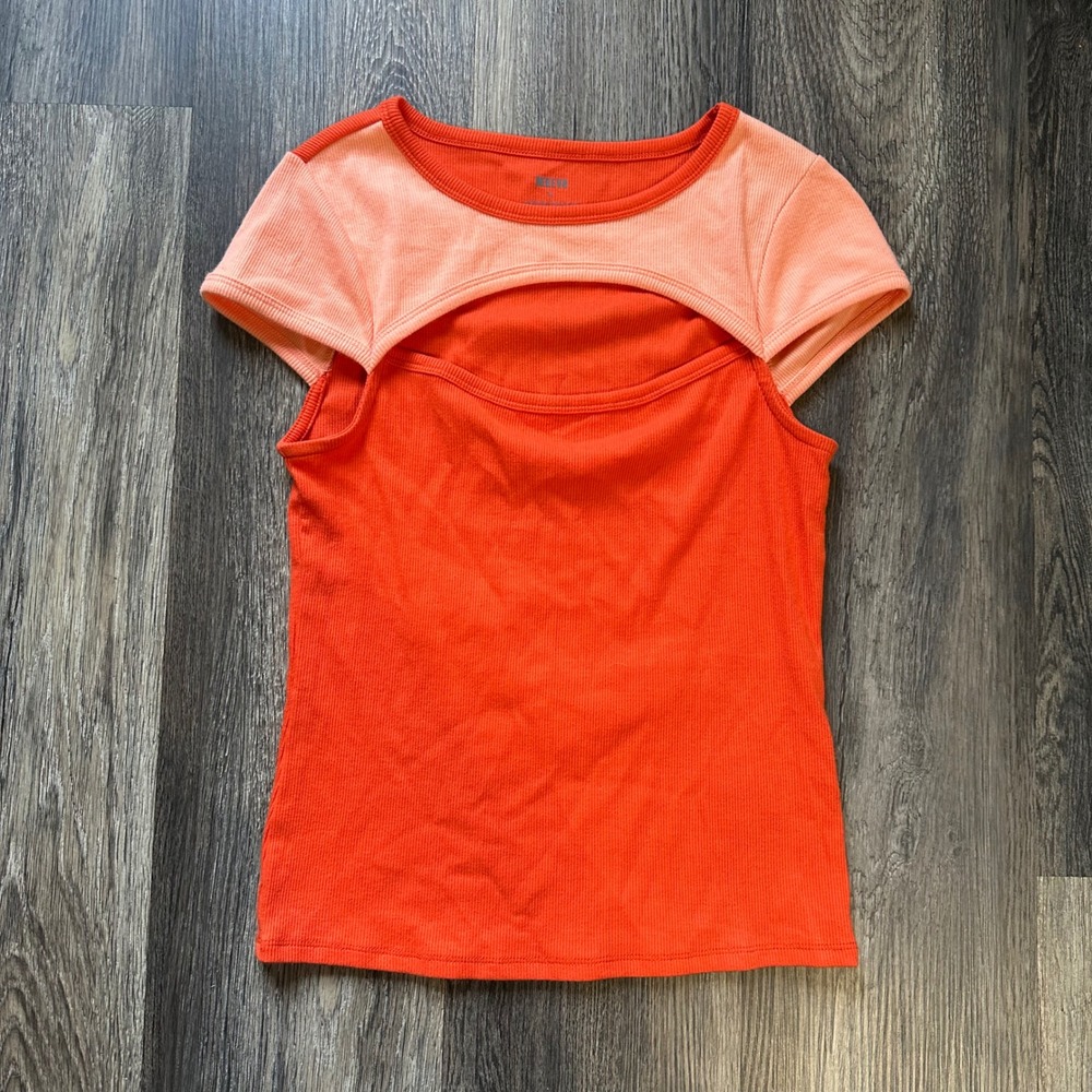 Maeve Anthropologie Orange Peach Ribbed Cutout Layered Look Top XS Short Sleeve‎